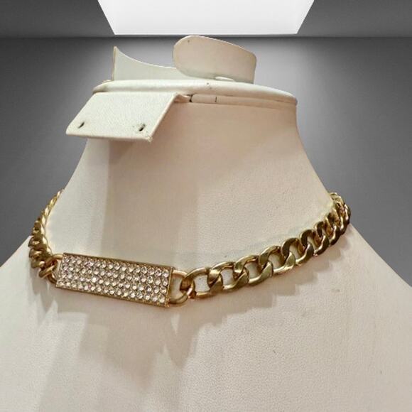 Thick Gold Tone Choker Chain Rhinestone Necklace - Picture 7 of 8